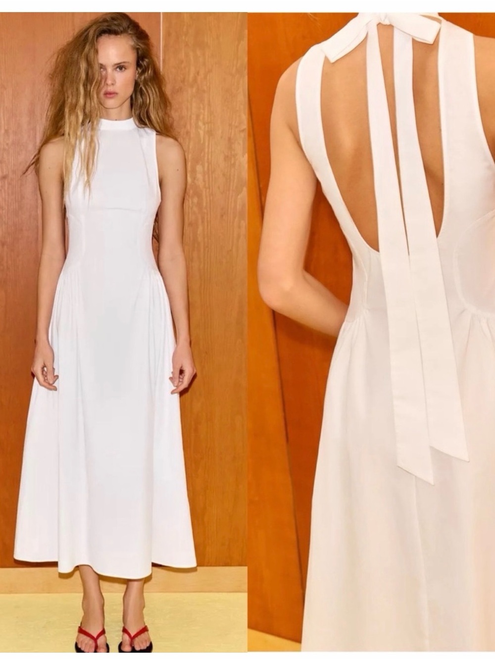 Zara White Backless Halter Midi Dress with Tie